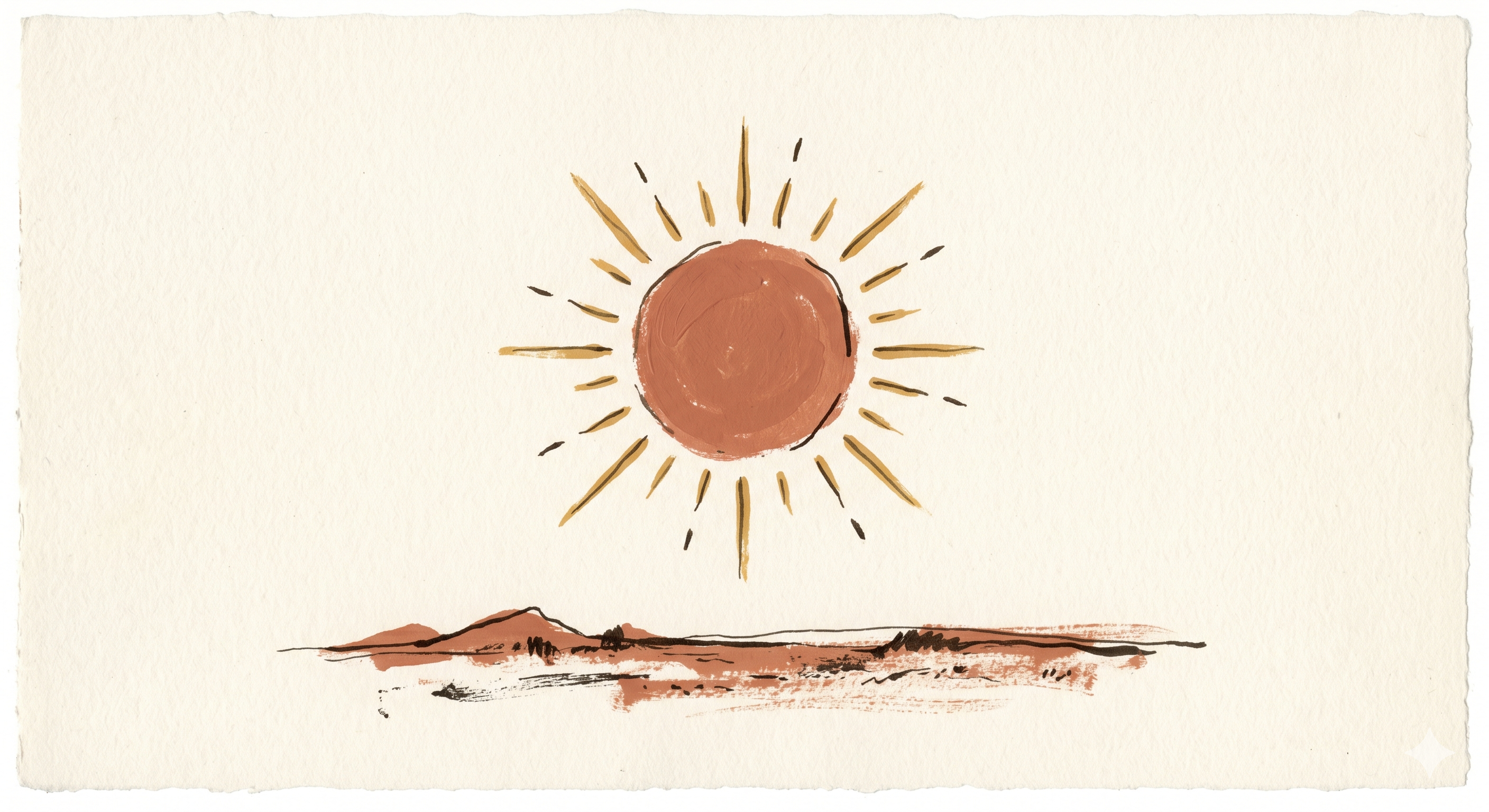 A painterly sun rising over a horizon, in terracotta and ochre tones.